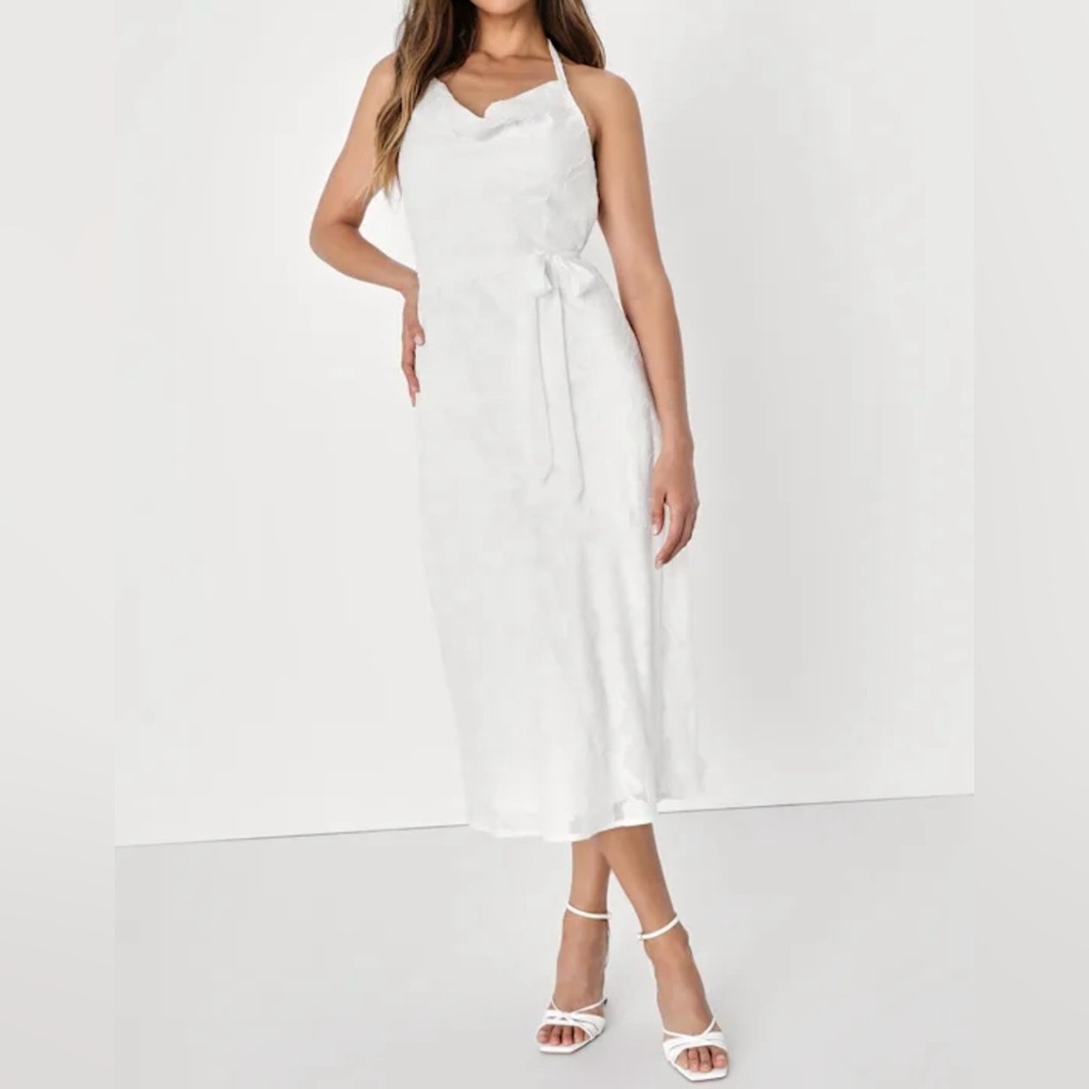 NWT Lulus Graceful Charm Burnout Floral Jacquard Halter Midi Dress